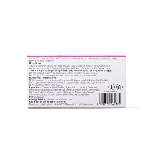 1,000IU (25µg) 28, Low Strength Daily Vitamin D3 Capsules, For Adults & Children