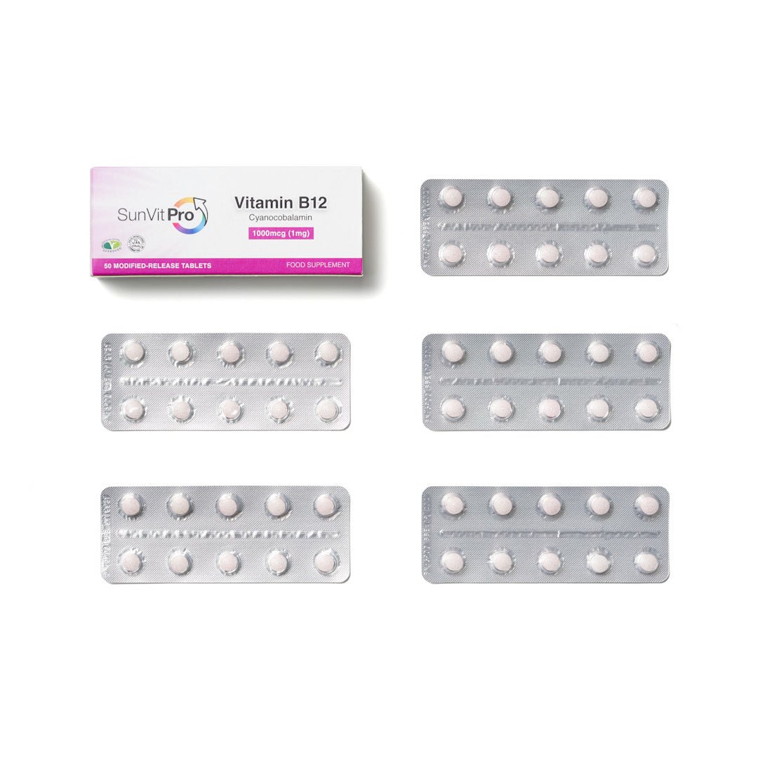 1,000mcg Cyanocobalamin Tablets, High Strength, 50 modified - release B12 tablets - SunVit - D3