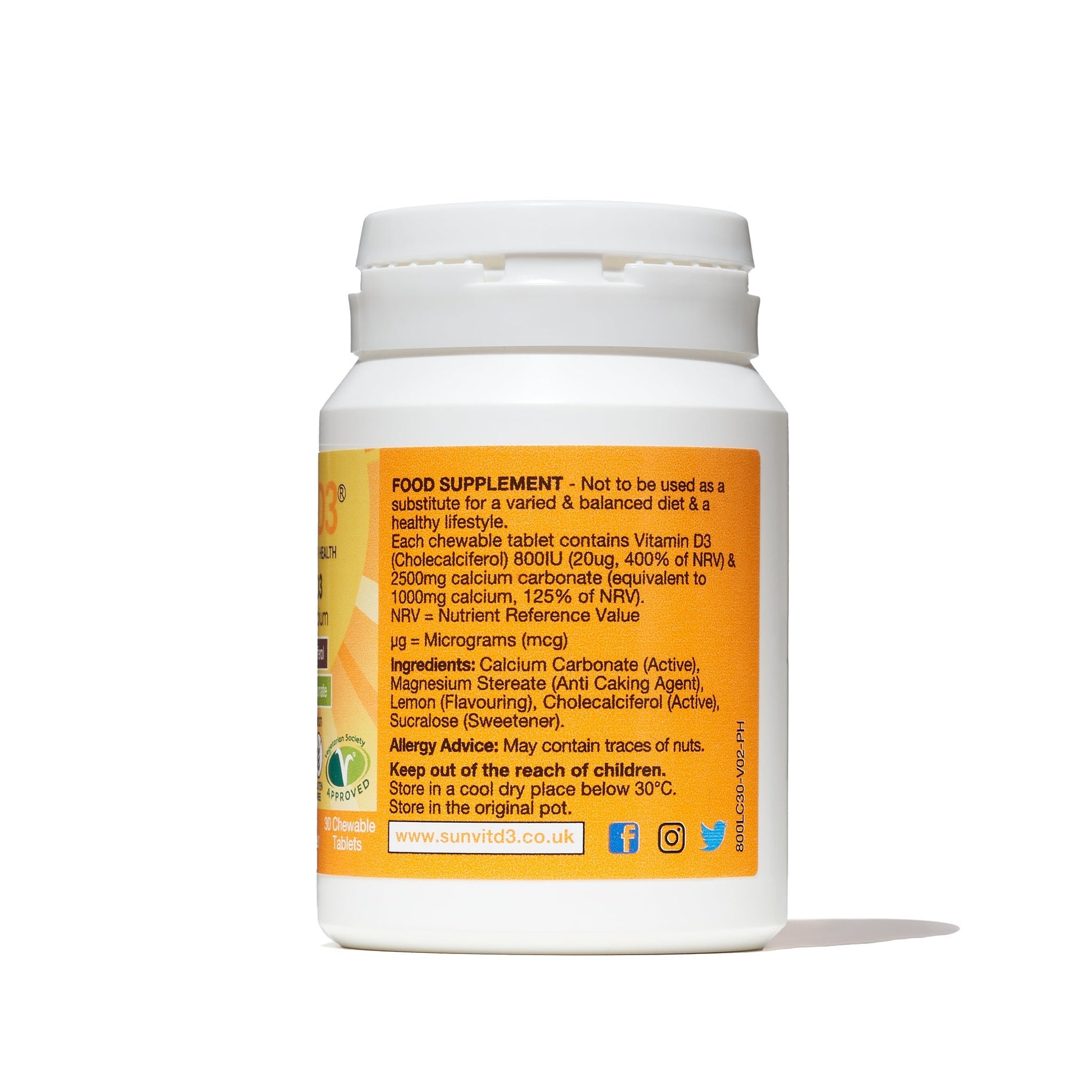 1,000mg Calcium Chewable Tablets, With 800IU Vitamin D3 (Lemon Flavoured) - SunVit - D3