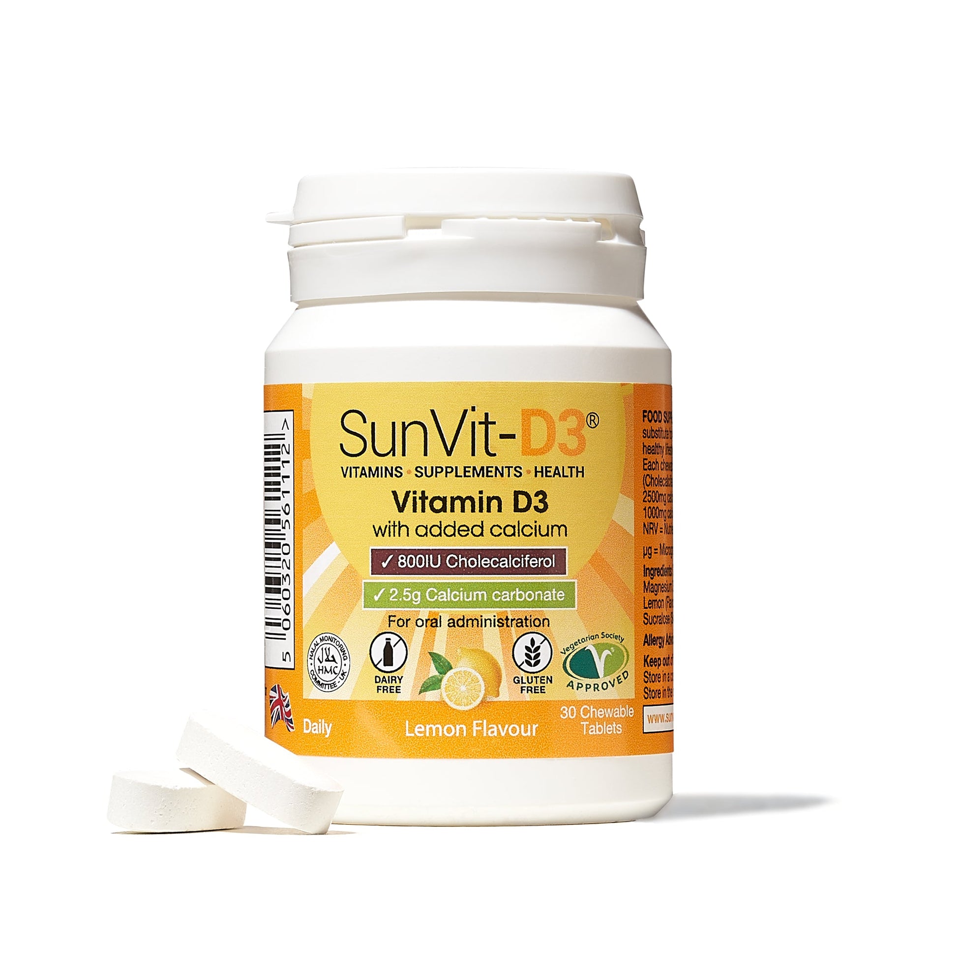 1000mg Calcium Chewable Tablets, With 800IU Vitamin D3 (Lemon Flavoured) - SunVit - D3