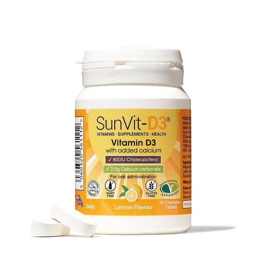 1000mg Calcium Chewable Tablets, With 800IU Vitamin D3 (Lemon Flavoured) - SunVit - D3