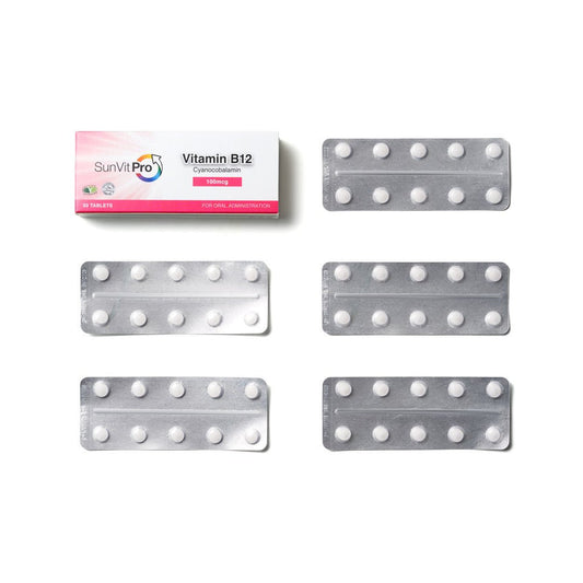 100mcg Vitamin B12 Tablets, High Strength Cyanocobalamin daily - SunVit - D3