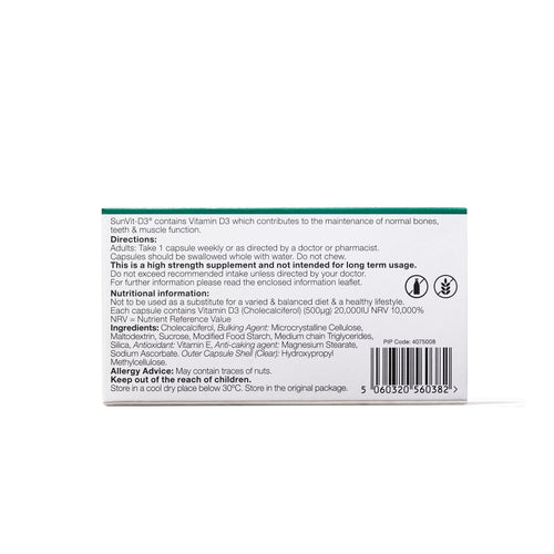 20,000IU (500µg) 28, High Strength Weekly Vitamin D3 Capsules For Adults