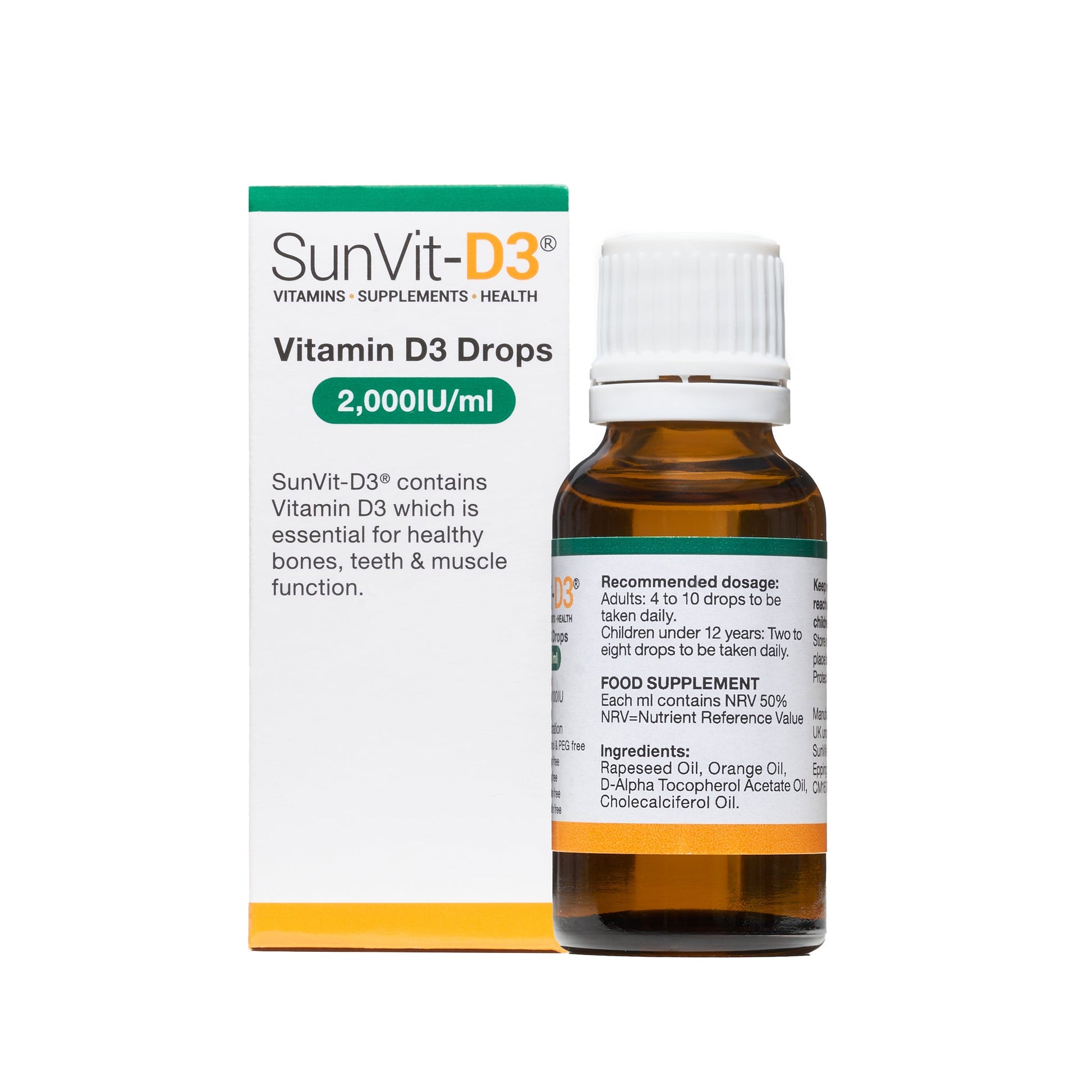 2,000IU Vitamin D3 (50ug) Daily Oral Drop (Orange Flavoured) - SunVit - D3