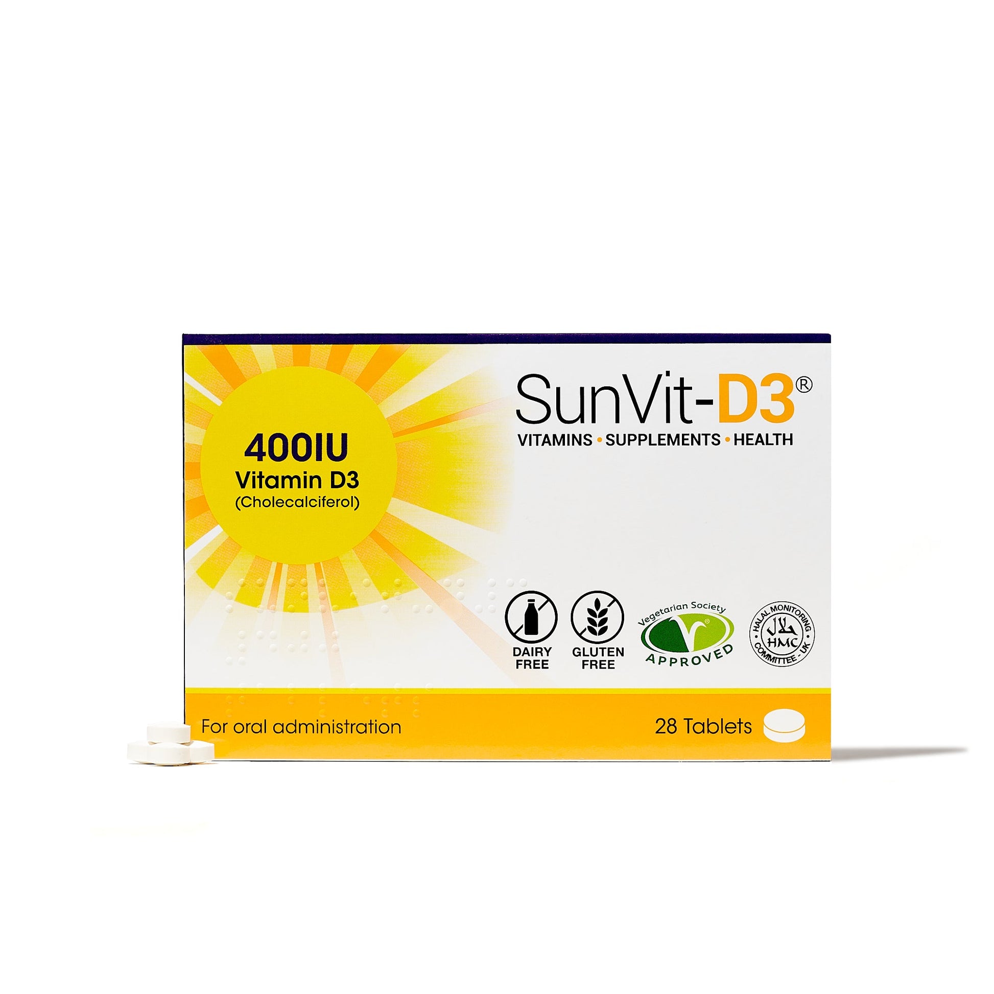 400IU (10ug) D3 Daily Tablets, For Adults & Children, Low Strength Supplement - SunVit - D3