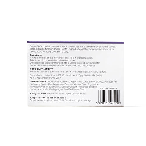 400IU (10µg) 28, Low Strength Daily Vitamin D3 Tablets, For Adults & Children