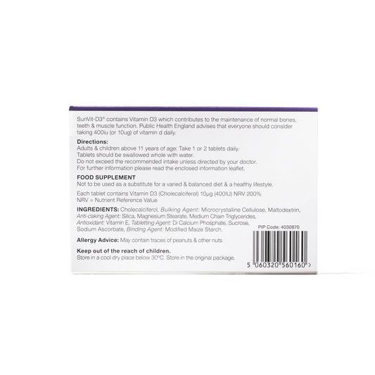 400IU (10ug) D3 Daily Tablets, For Adults & Children, Low Strength Supplement - SunVit - D3