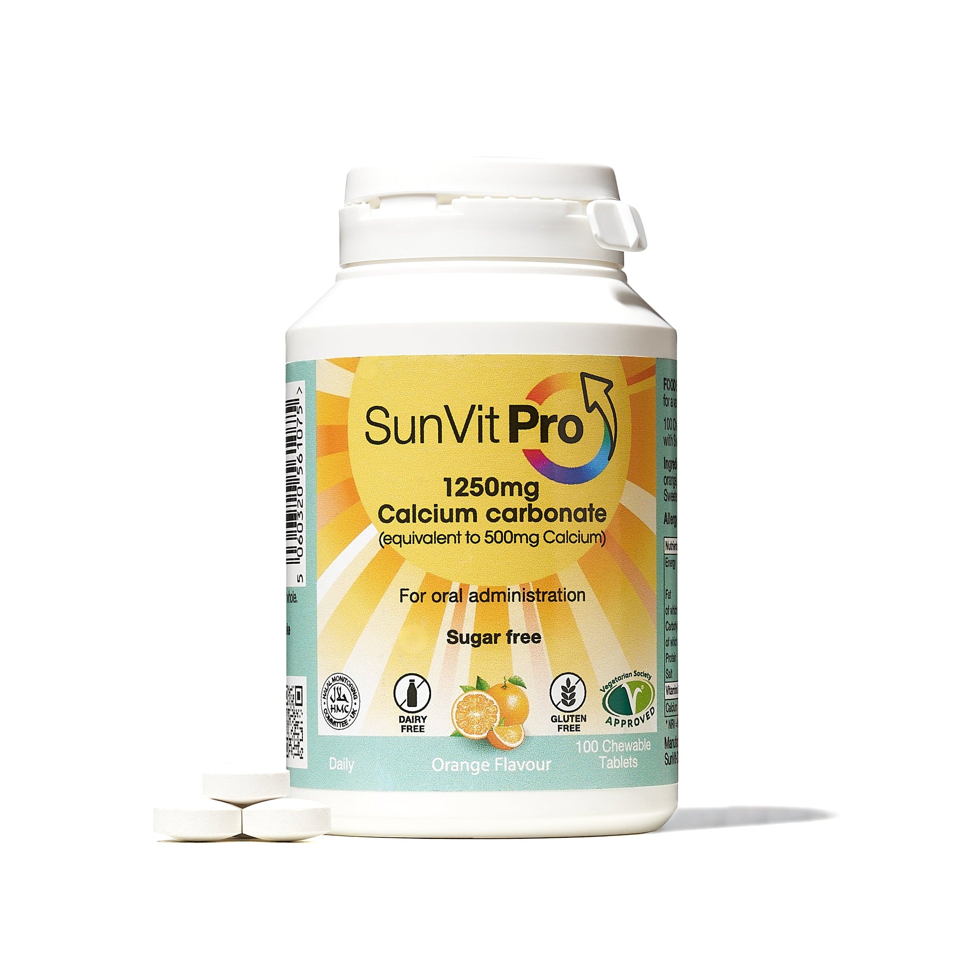 500mg Chewable Calcium Carbonate Tablets (Orange Flavoured) - SunVit - D3