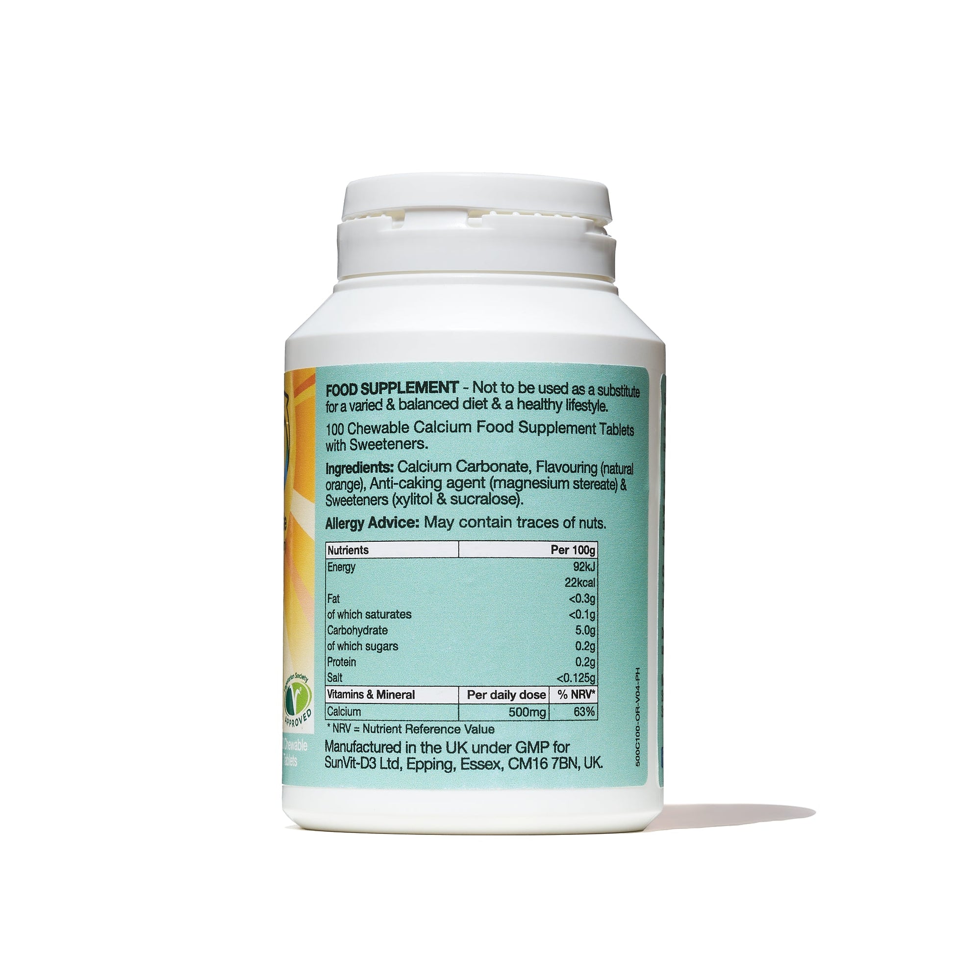 500mg Chewable Calcium Carbonate Tablets (Orange Flavoured) Sugar Free - SunVit - D3