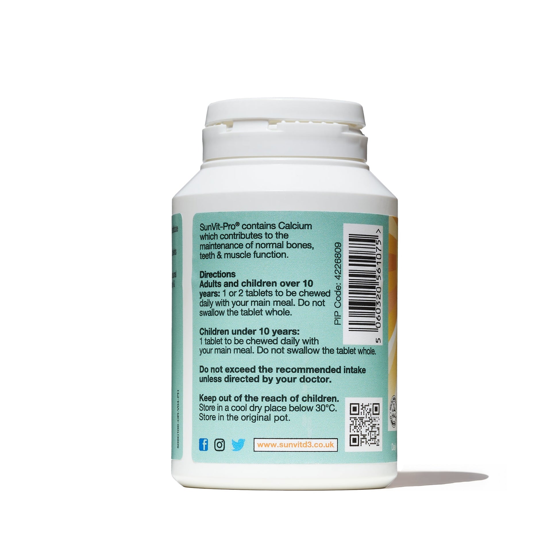 500mg Chewable Calcium Carbonate Tablets (Orange Flavoured) Sugar Free - SunVit - D3