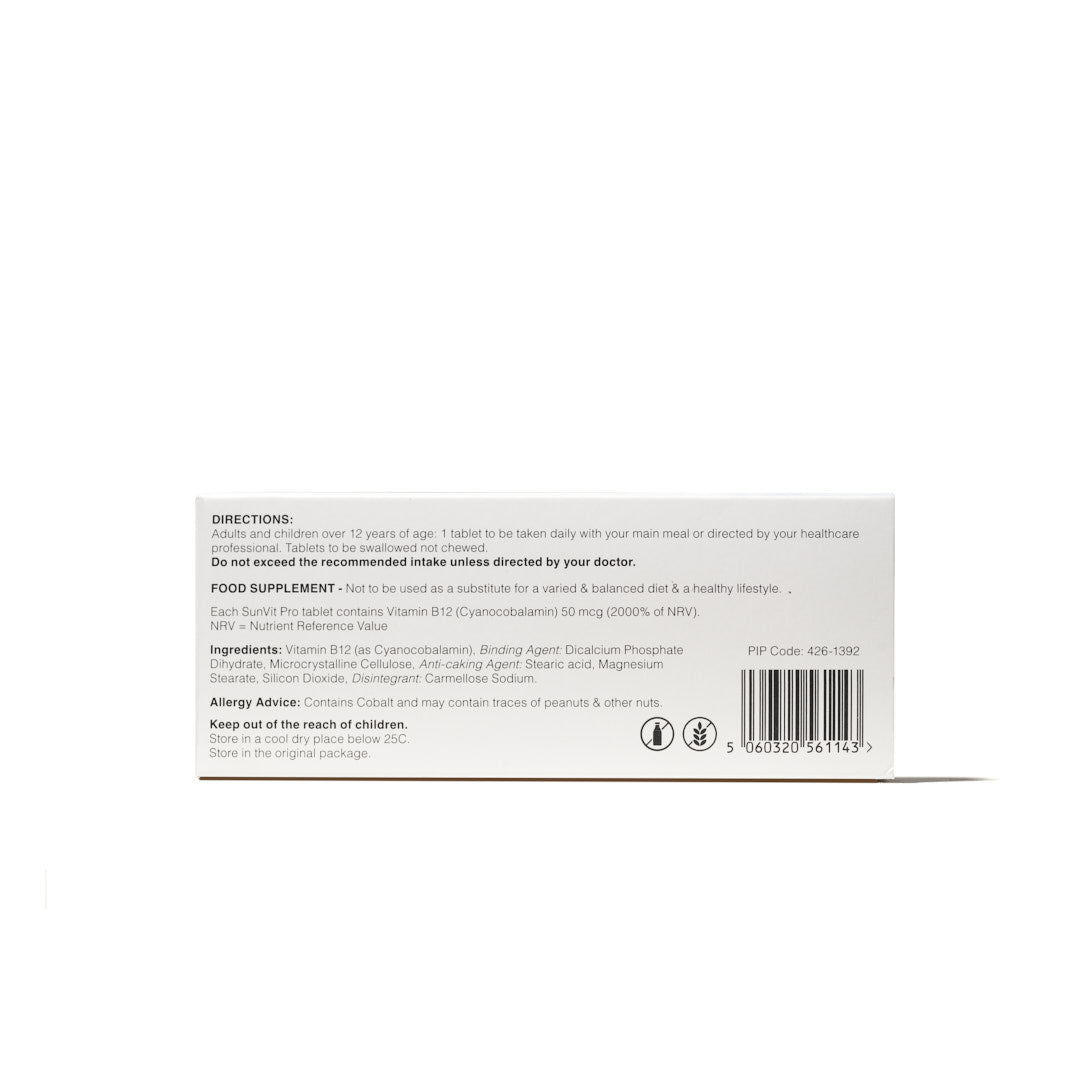 50mcg Vitamin B12 Tablets, High Strength Cyanocobalamin Daily Dose, Menopause Approved - SunVit - D3