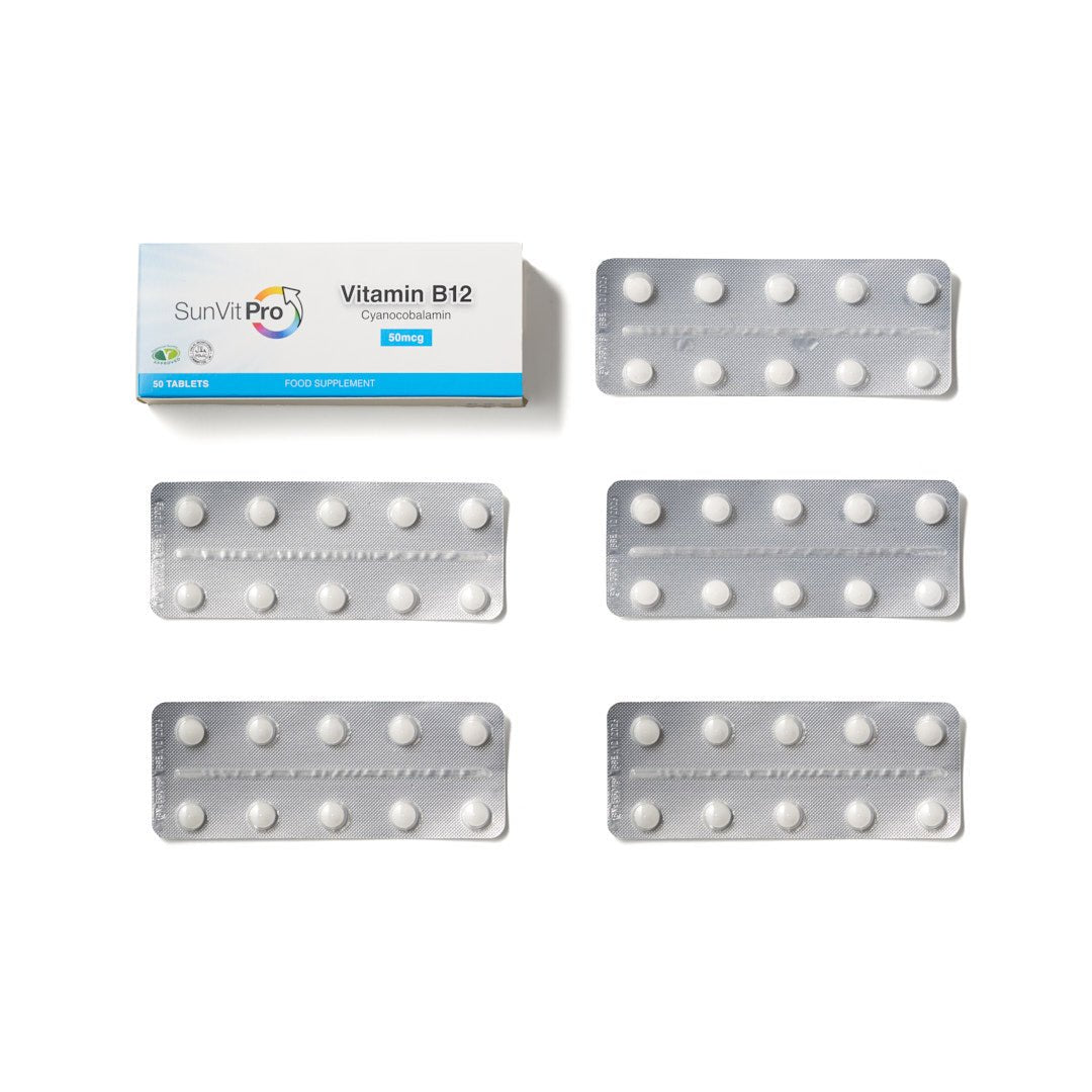 50mcg Vitamin B12 Tablets, High Strength Cyanocobalamin Daily Dose, Menopause Approved - SunVit - D3