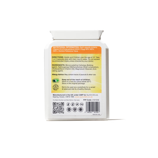 600IU (15ug) D3 Daily Capsules, For Adults & Children - SunVit - D3