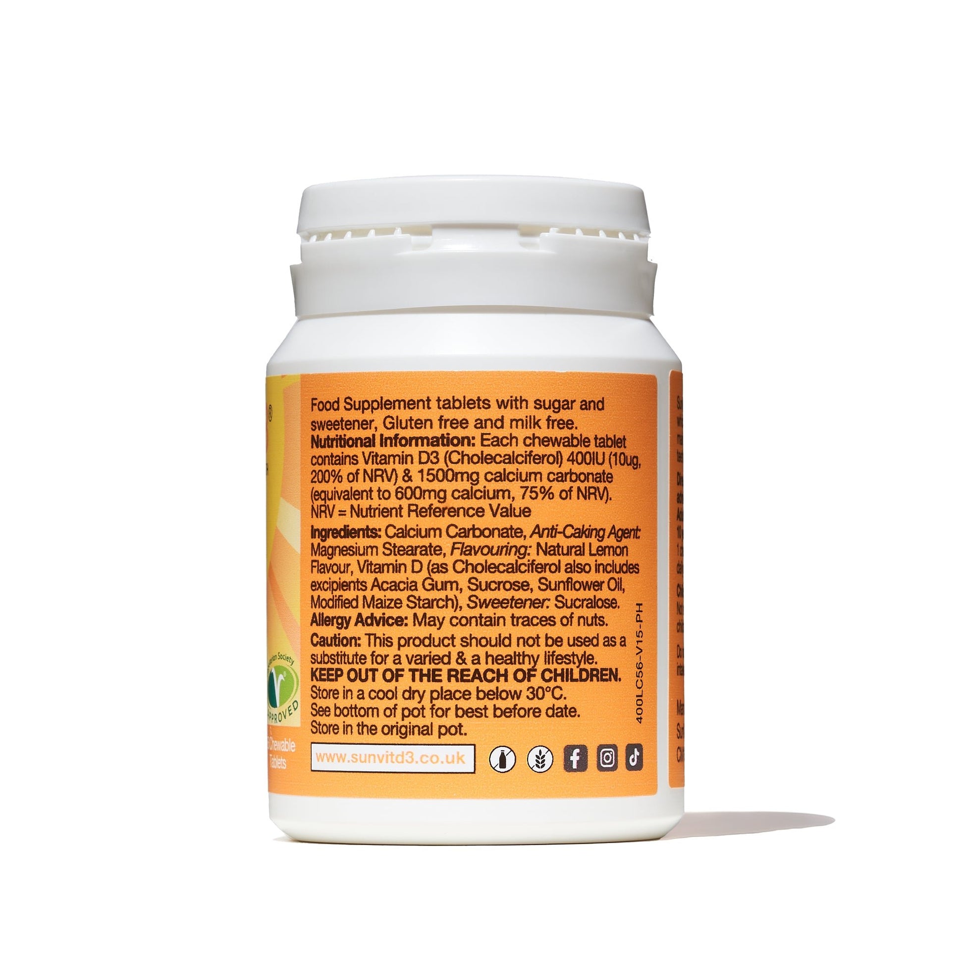 600mg Calcium Chewable Tablets, With 400IU Vitamin D3 (Lemon Flavoured) - SunVit - D3