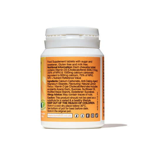 600mg Calcium Chewable Tablets, With 400IU Vitamin D3 (Lemon Flavoured)