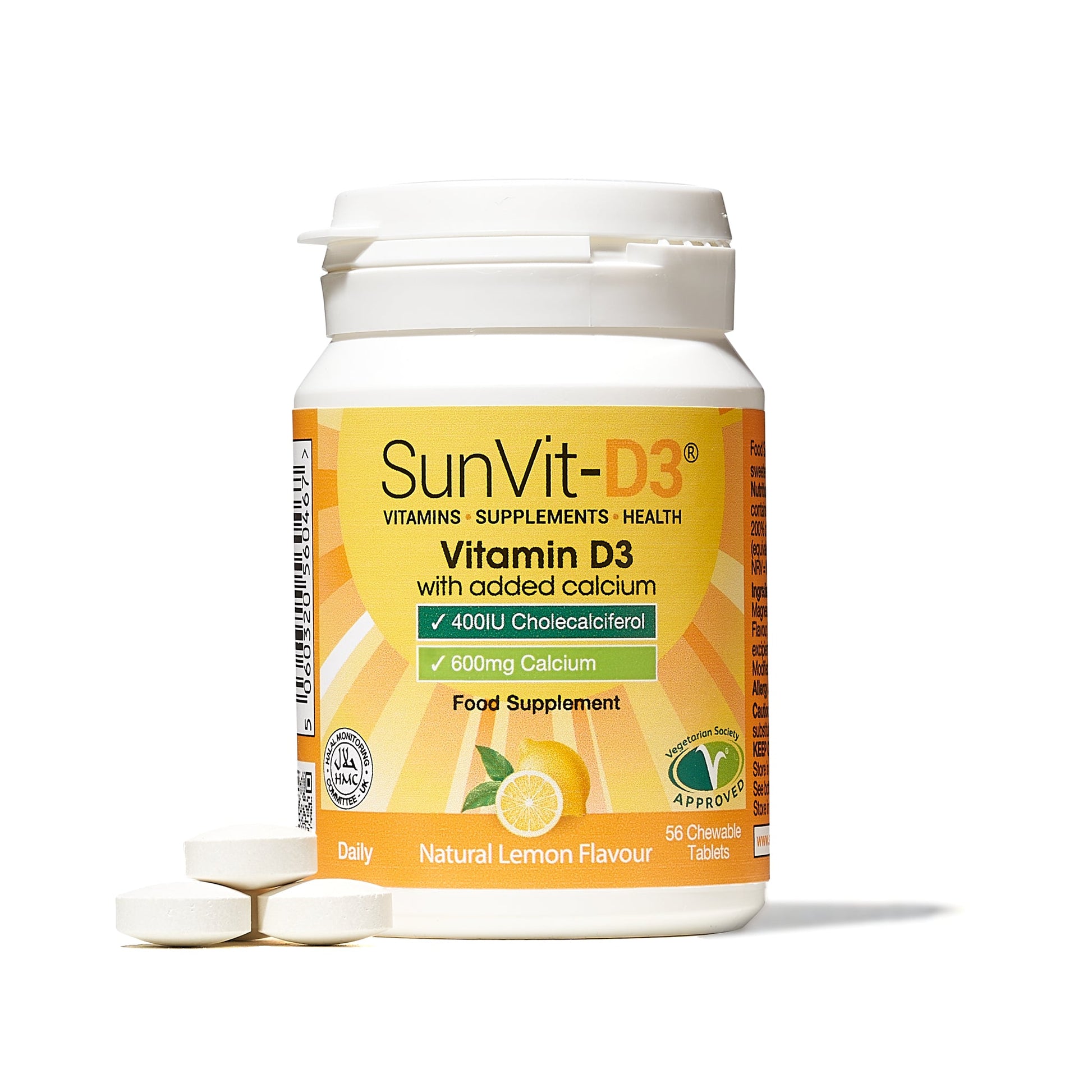 600mg Calcium Chewable Tablets, With 400IU Vitamin D3 (Lemon Flavoured) - SunVit - D3