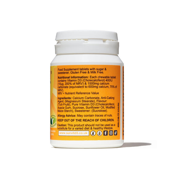600mg Calcium Chewable Tablets with 400IU Vitamin D3 (Tutti Frutti Flavoured) Menopause Approved - SunVit - D3