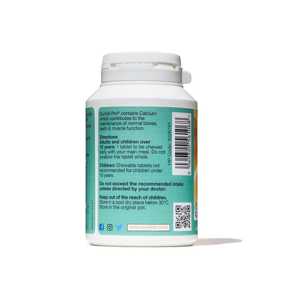 600mg Chewable Calcium Carbonate Tablets (Tutti Frutti Flavoured) Menopause Approved Sugar Free - SunVit - D3