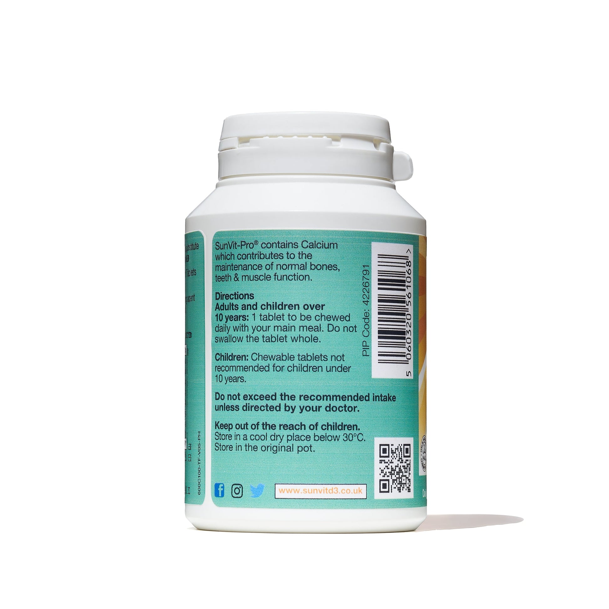 600mg Chewable Calcium Carbonate Tablets (Tutti Frutti Flavoured) Menopause Approved Sugar Free - SunVit - D3