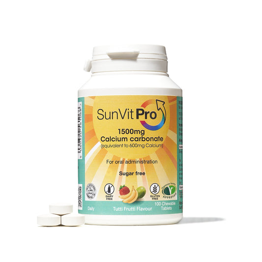 600mg Chewable Calcium Carbonate Tablets (Tutti Frutti Flavoured) Menopause Approved Sugar Free - SunVit - D3