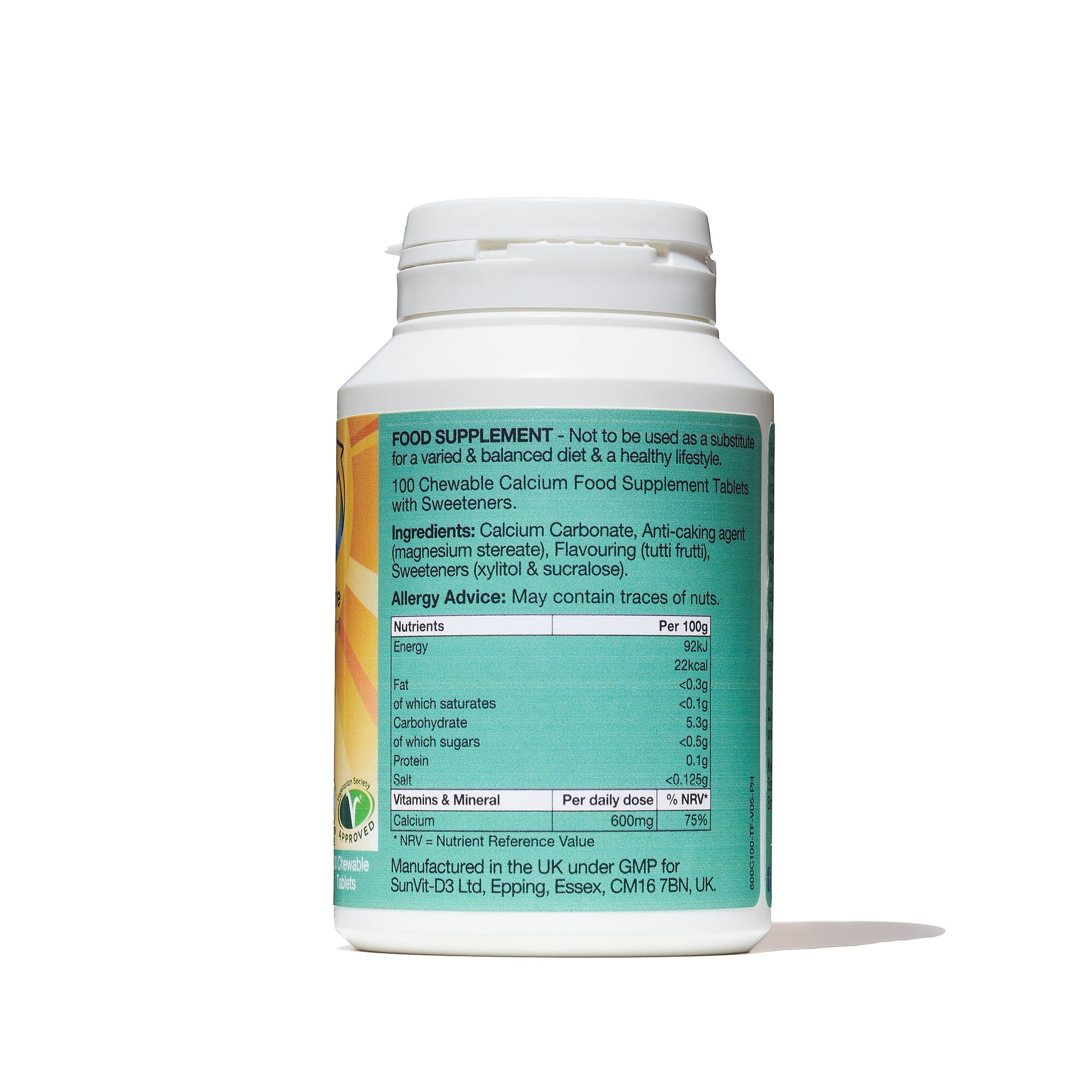 600mg Chewable Calcium Carbonate Tablets (Tutti Frutti Flavoured) Menopause Approved Sugar Free - SunVit - D3