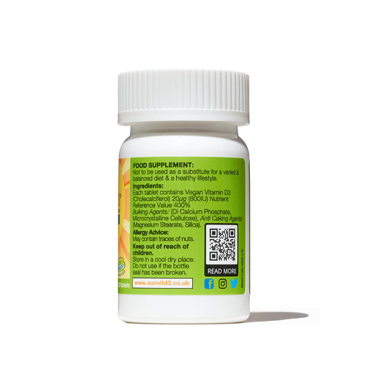 Vegan 800IU (20ug) 30 D3 Daily Tablets, Natural Organic Pine Sourced