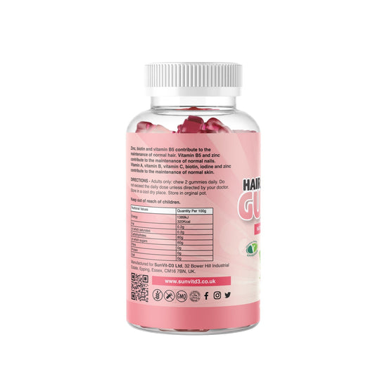 5000mcg Biotin Gummies, Daily Dose for Hair, Skin & Nail Strength (Berry Flavoured) Menopause Approved - SunVit - D3