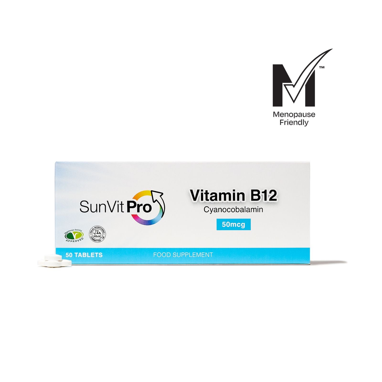 50mcg Vitamin B12 Tablets, High Strength Cyanocobalamin Daily Dose, Menopause Approved - SunVit - D3