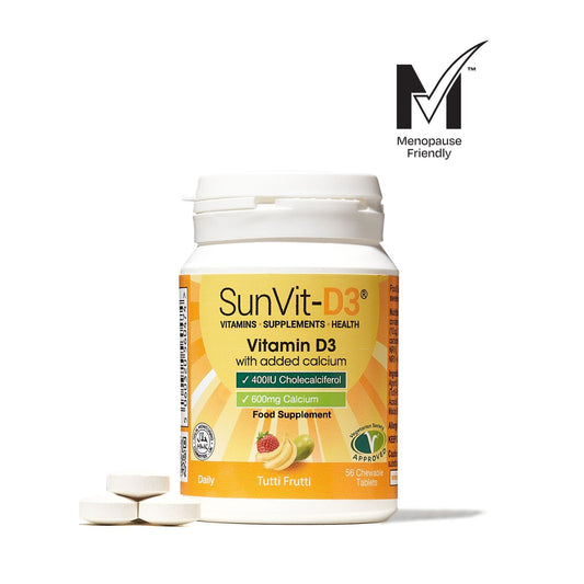 600mg Calcium Chewable Tablets with 400IU Vitamin D3 (Tutti Frutti Flavoured) Menopause Approved - SunVit - D3