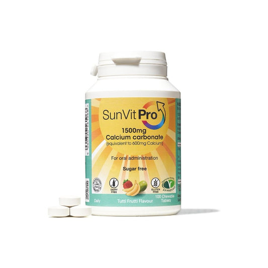 600mg Chewable Calcium only Carbonate Tablets (Tutti Frutti Flavoured) Menopause Approved Sugar Free, Expiry 31/03/2026 - SunVit - D3