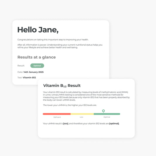 Neovos Vitamin B12 Test kit measures your Methylmalonic Acid  levels (MMA) from a urine sample.
