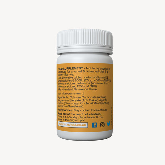 Chewable Calcium 1000mg, With Vitamin D3 800iu 30 Lemon Tablets - SunVit-D3
