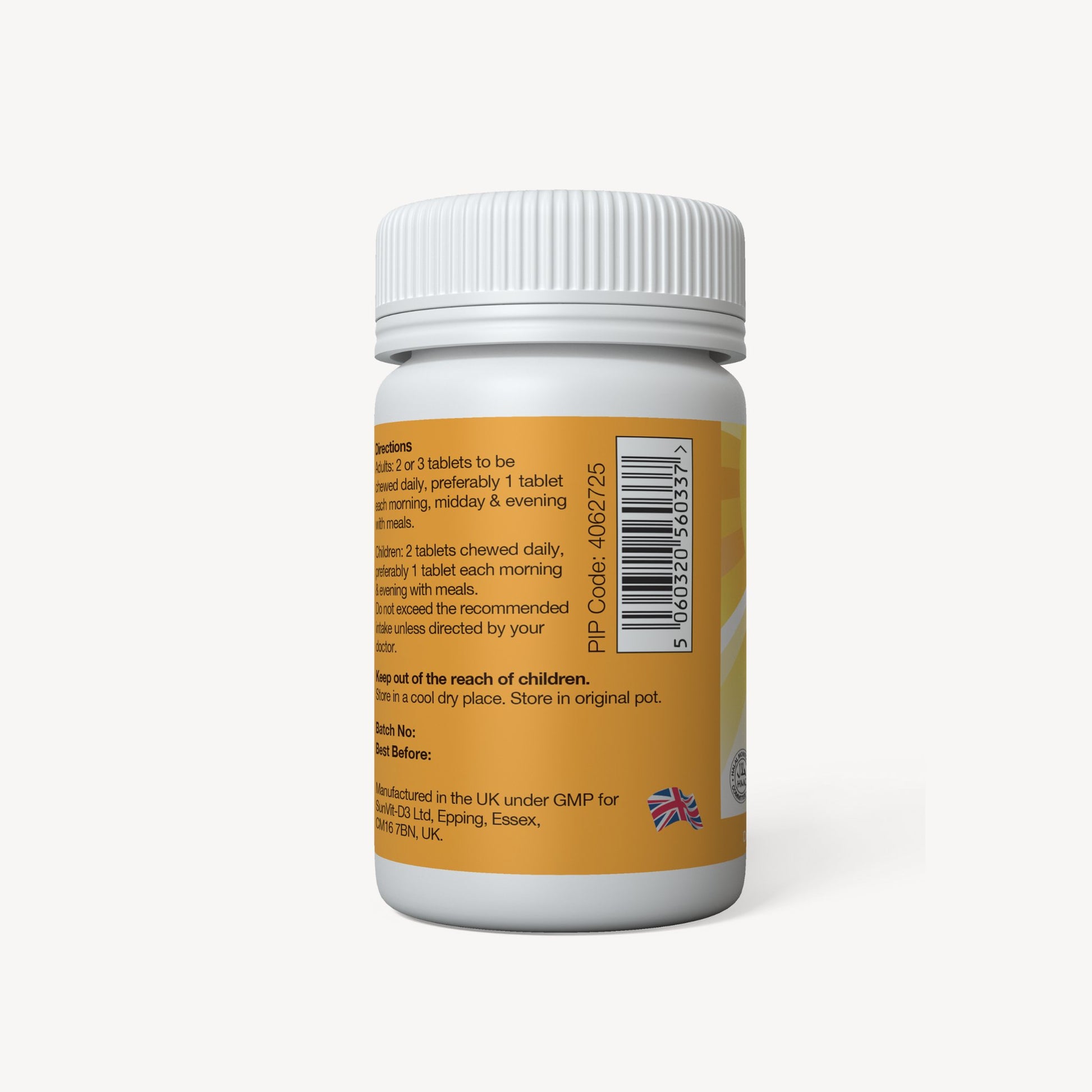 Chewable Calcium 500mg, With Vitamin D3 200IU, 100 Orange Tablets - SunVit-D3