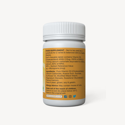Chewable Calcium 500mg, With Vitamin D3 200IU, 100 Orange Tablets - SunVit-D3