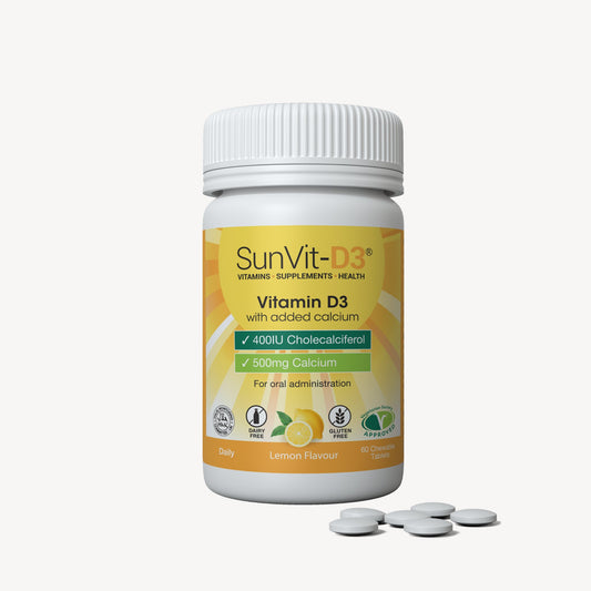Chewable Calcium 500mg, With Vitamin D3 400IU 60 Lemon Tablets - SunVit-D3