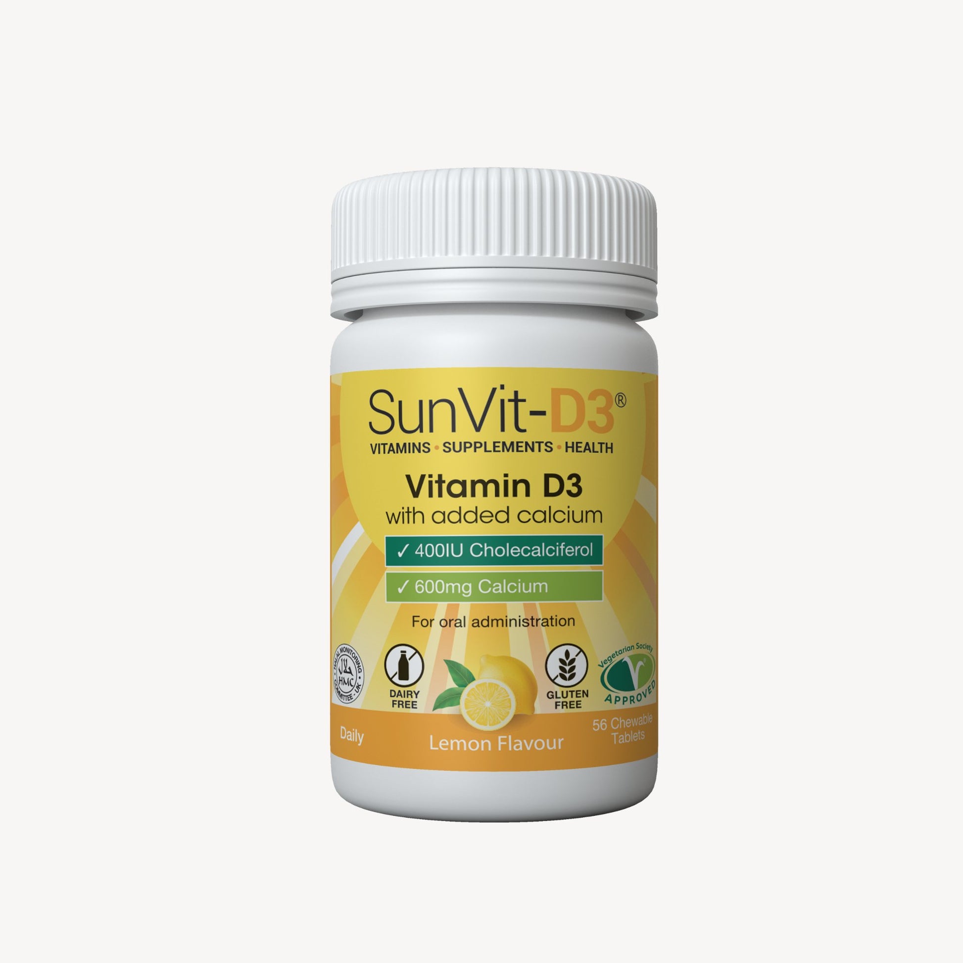 Chewable Calcium 600mg, With Vitamin D3 400IU 56 Lemon Tablets - SunVit-D3