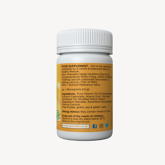 Chewable Calcium 600mg, With Vitamin D3 400IU 56 Tutti Frutti Tablets - SunVit-D3