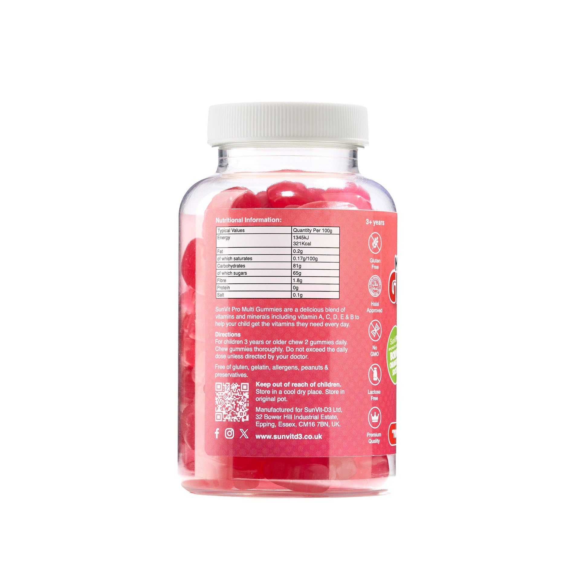 Daily Multivitamin Gummy aged 3+ (Berry Flavoured) 2 gummies daily, contains 12 vitamins - SunVit - D3