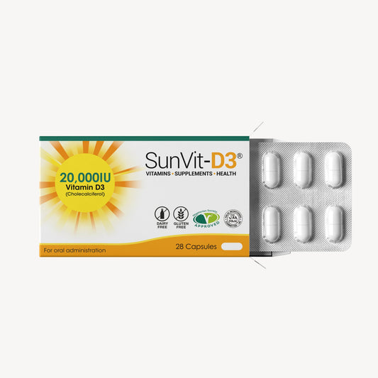 Vitamin D3 20,000IU (500ug) 28 High Strength Weekly Capsules - SunVit-D3