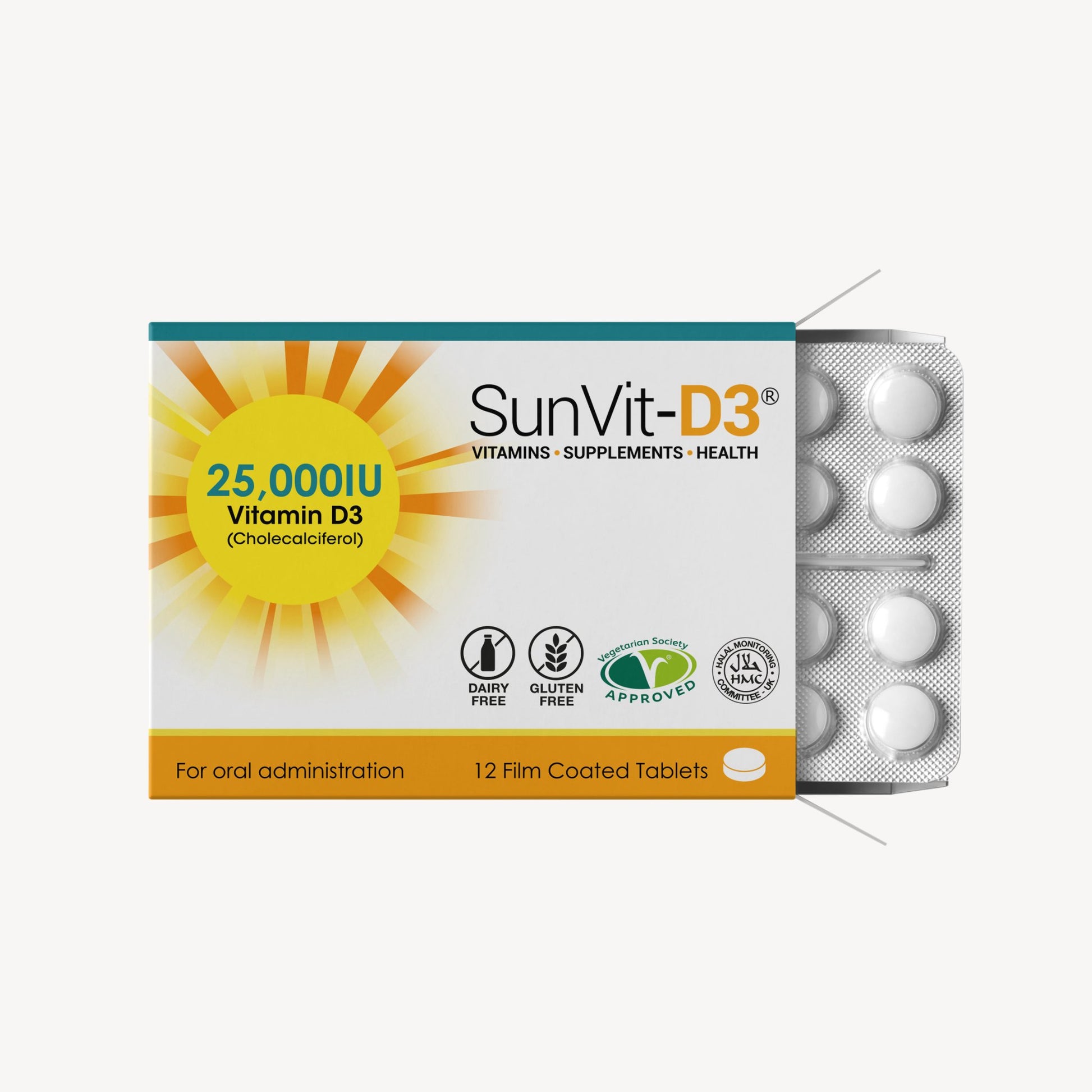 Vitamin D3 25,000IU (625ug) 12 High Strength Weekly Tablets - SunVit-D3