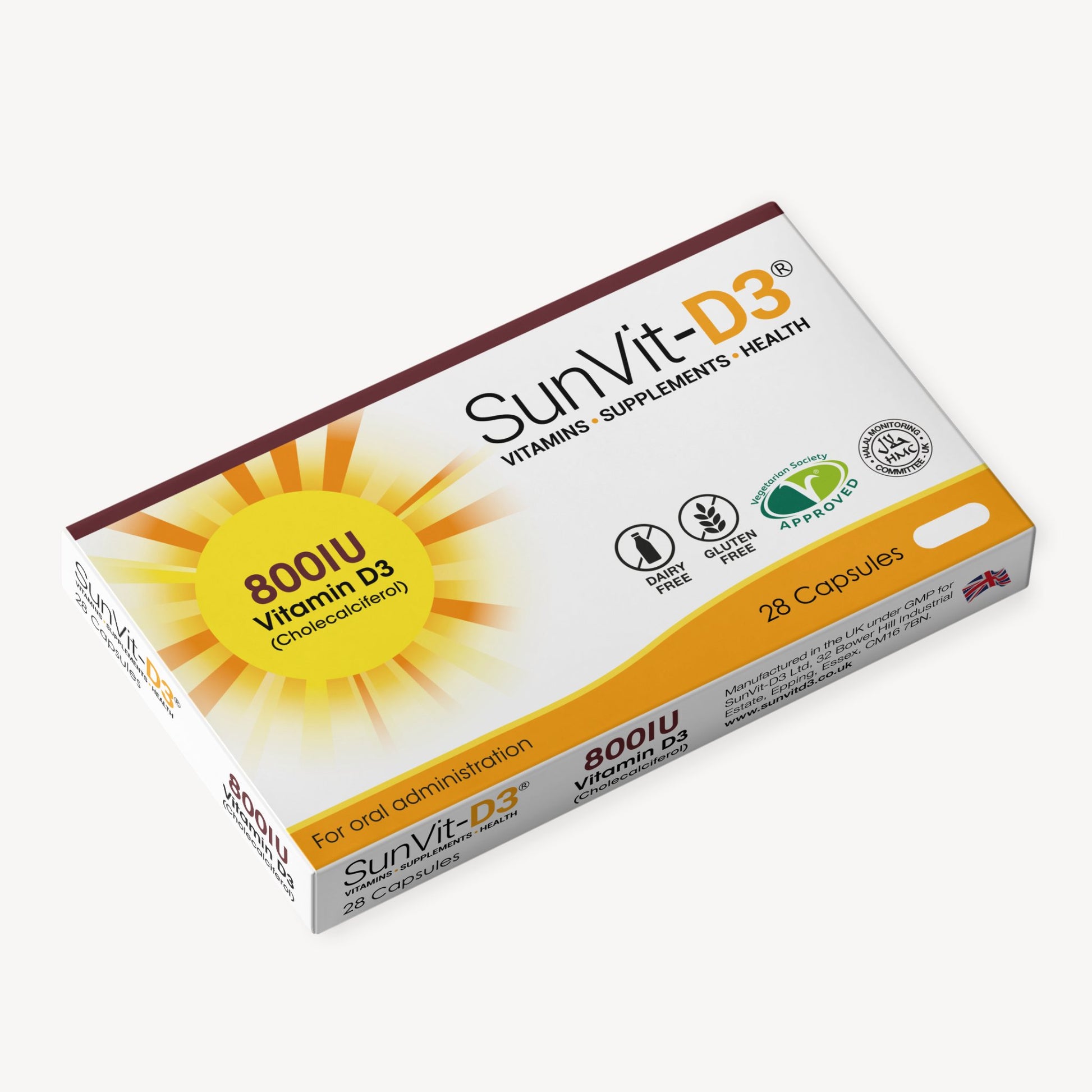 Vitamin D3 800IU (20ug) 28 Convenient Daily Strength Capsules - SunVit-D3