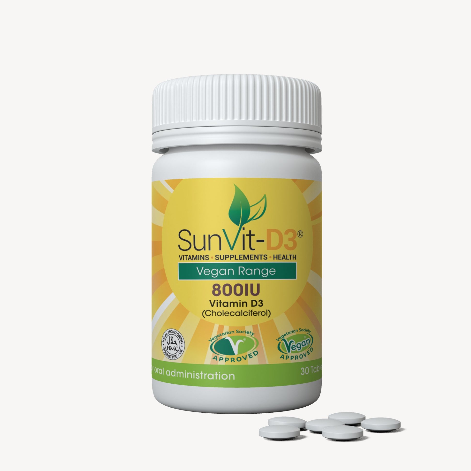 Vitamin D3 800IU (20ug) 30 Convenient Daily Strength Tablets, Natural Plant Based - SunVit-D3