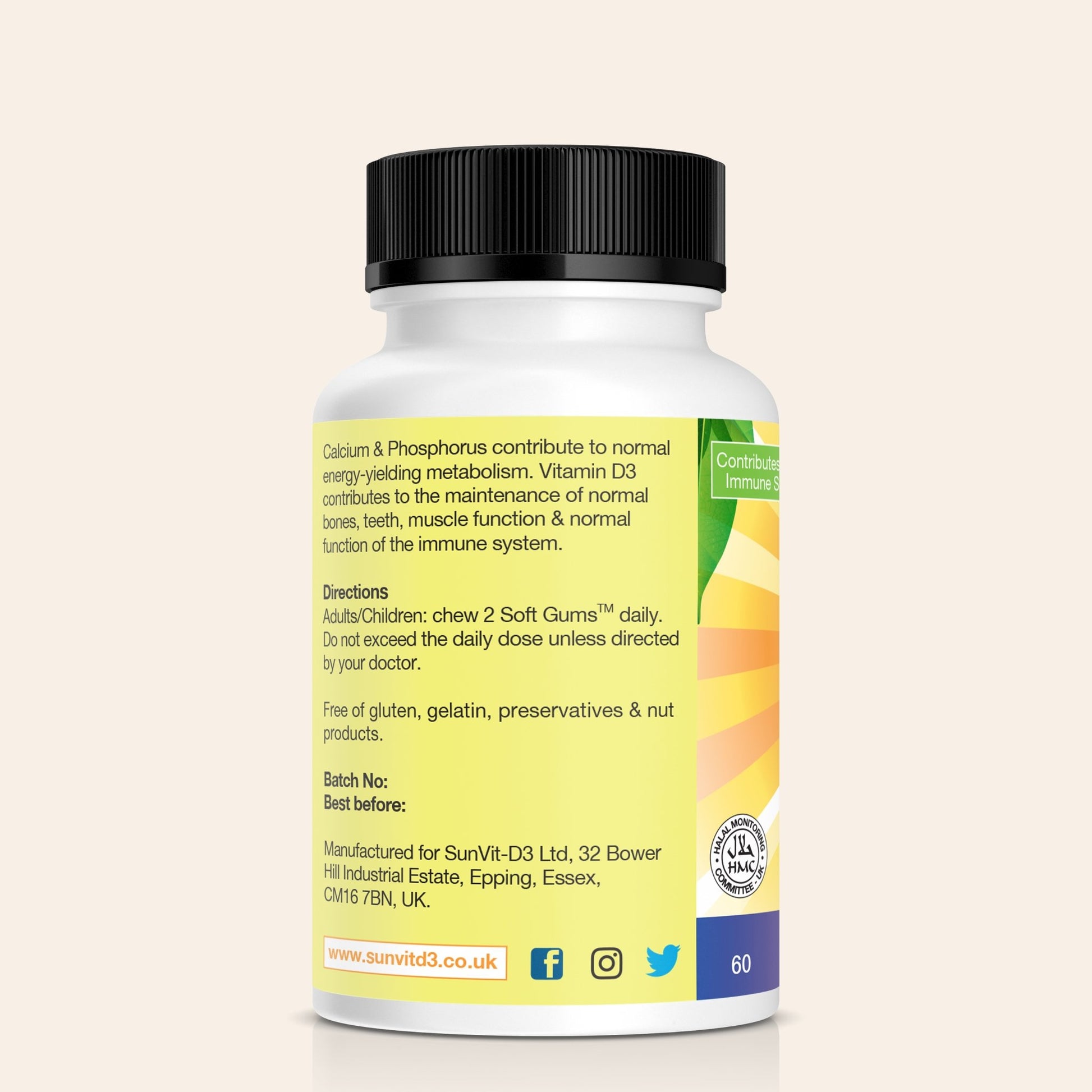 60 Daily Vegan Calcium Gummies With Vitamin D3 Natural Berry 🍓 Flavour - SunVit-D3